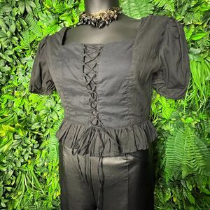 IKY & ME Tops Women Small Black Bohemian Crop Top Embroidery Tie‎ accent 0663